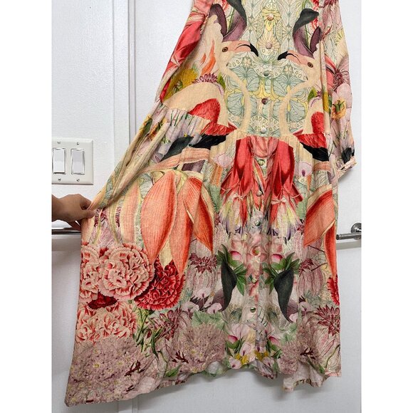 Carolina K Flamingo Bird Print Midi Shirt Dress Floral Tropical Red Linen L - Picture 7 of 13